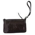 Croc-Embossed Brown Leather Wristlet Clutch