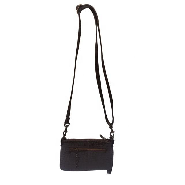 Croc-Embossed Brown Leather Wristlet Clutch