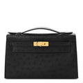 Kelly Pochette Black Ostrich Clutch Gold Hardware