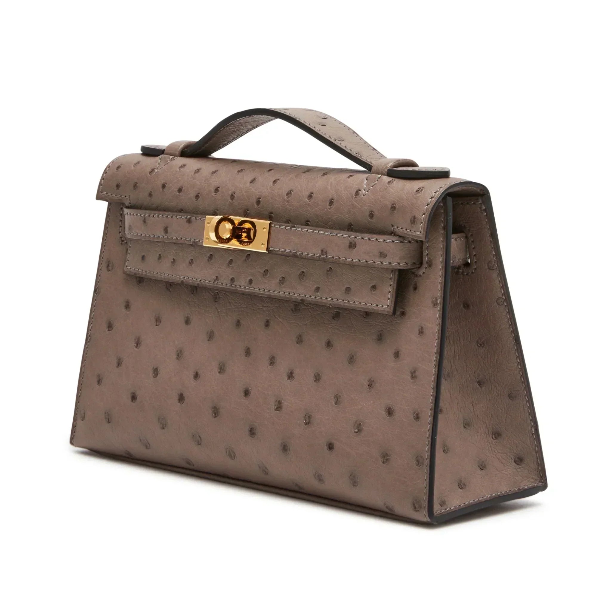 Kelly Pochette in Ostrich Leather with Gold Hardware Gris Tourterelle