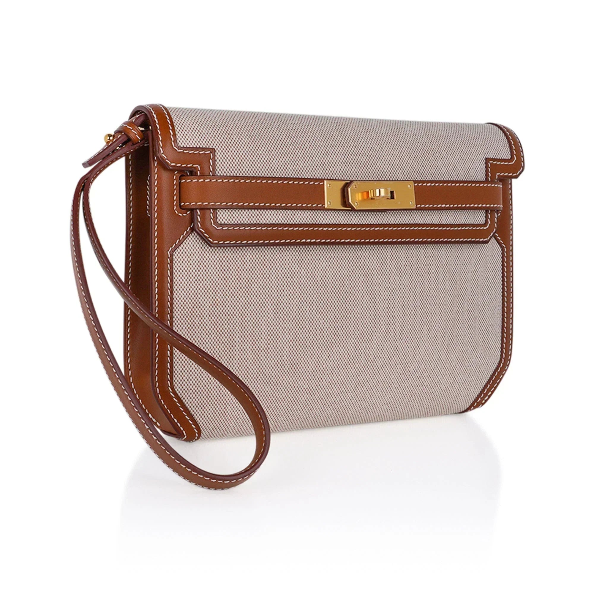 Kelly Depeches 25 Pouch Toile / Fauve Barenia Trim Gold Hardware