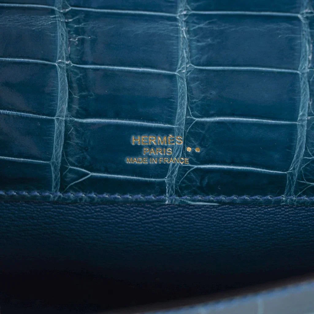 Kelly Cut Bag Blue Colvert Crocodile with Gold Hardware