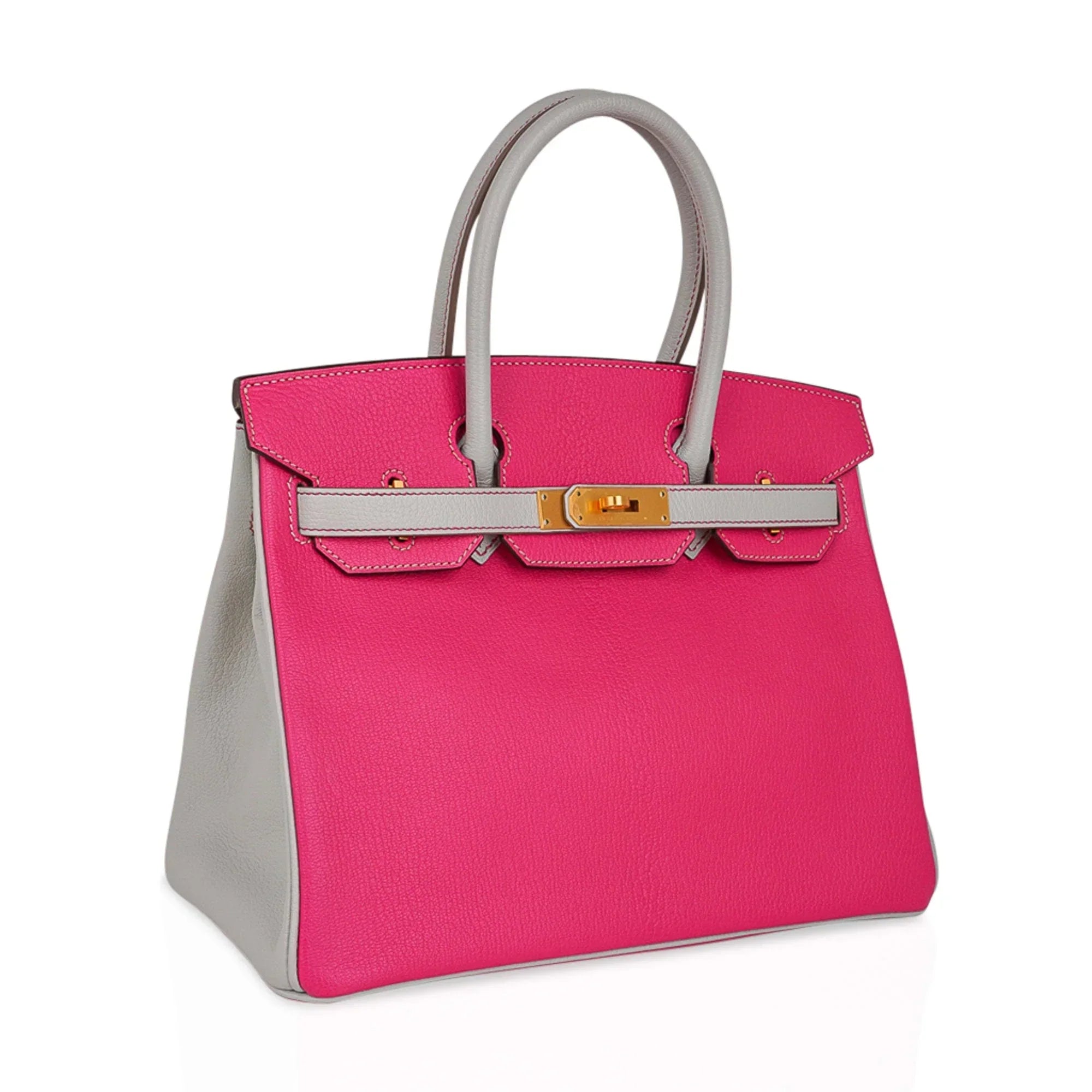 Special Order HSS Birkin 30 Bag Rose Shocking & Gris Perle Chevre Leather with Brushed Gold Hardware