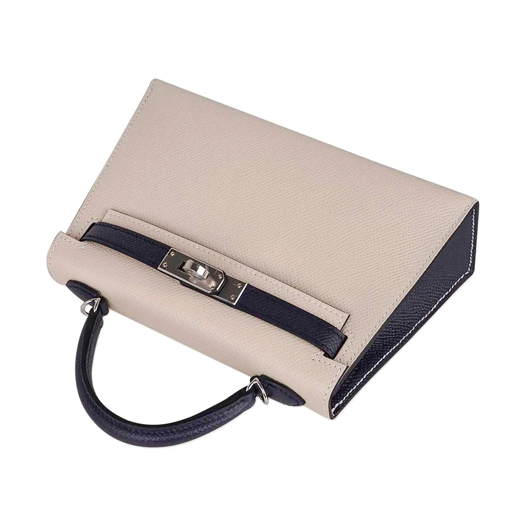 Special Order HSS Mini Kelly 20 Bag Sellier Craie & Blue Indigo Epsom Leather with Palladium Hardware