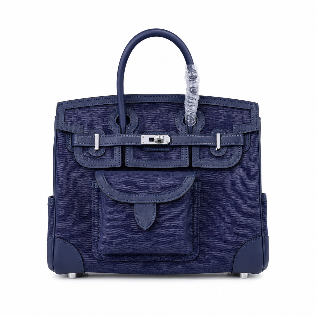 Birkin Cargo 25 Navy Blue Swift Leather and Canvas Splicing Bag