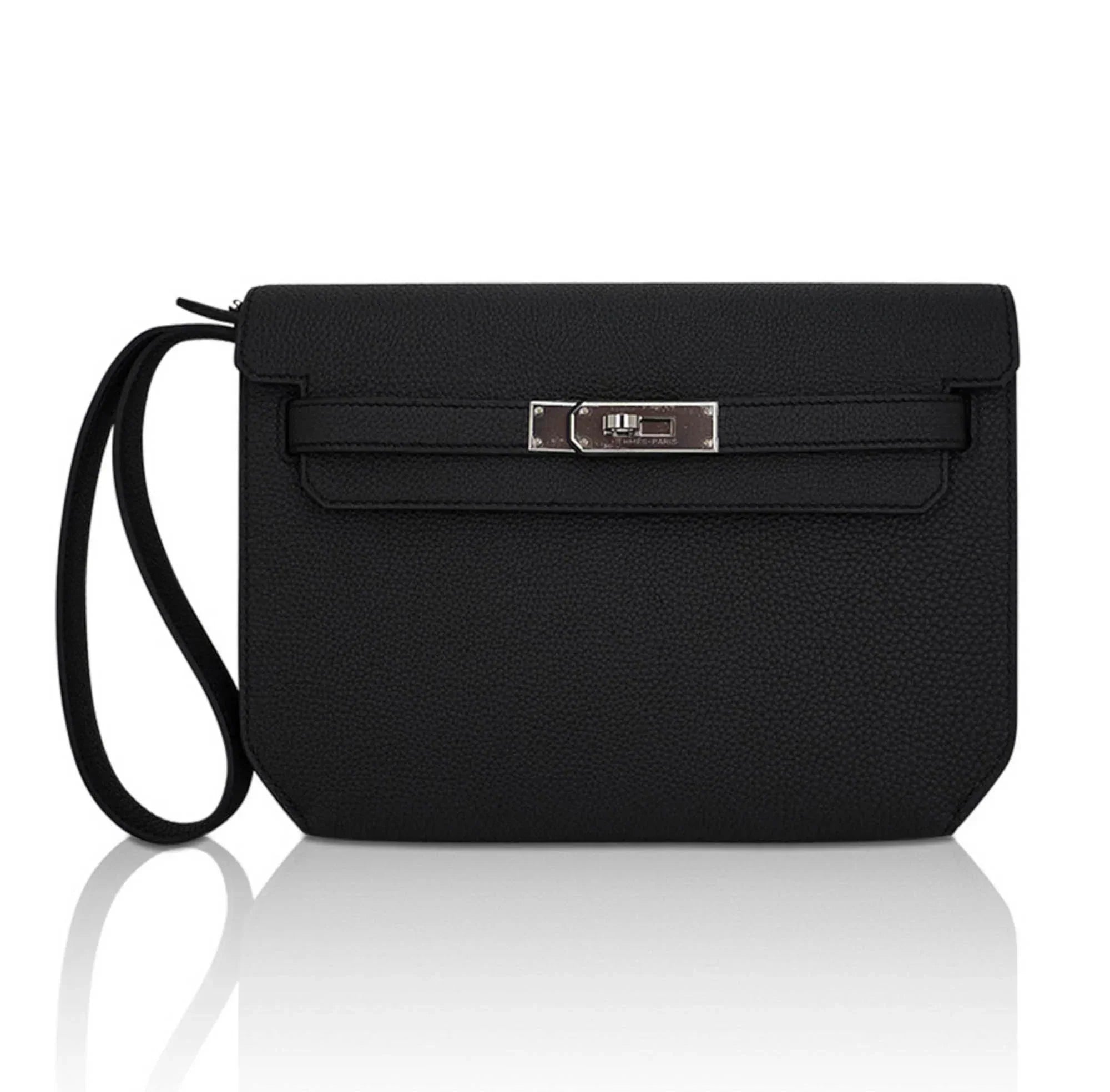 Kelly Depeches 25 Pouch Bag Black Galop D’Leather with Palladium Hardware