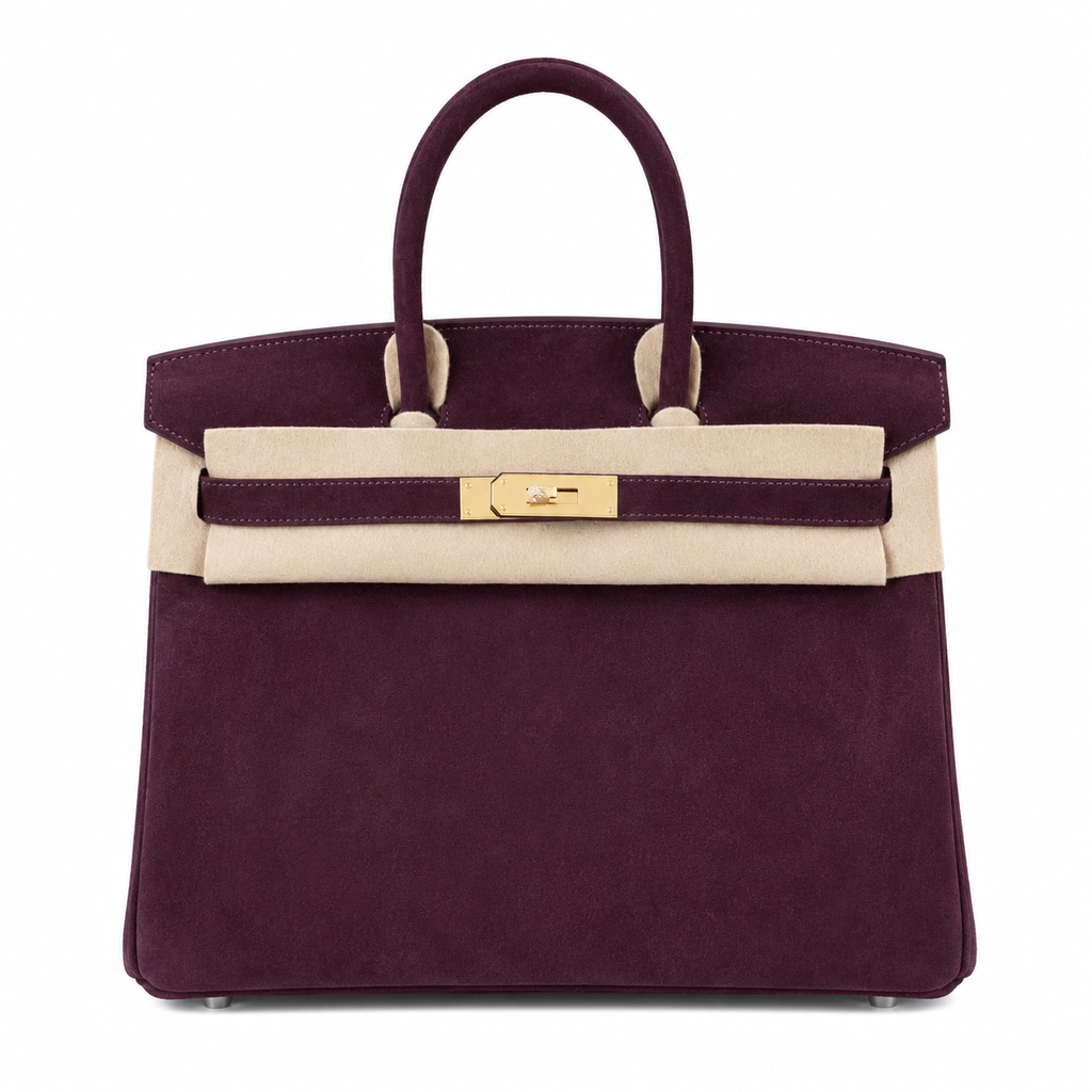 Birkin 30 Retourne in Bordeaux Suede Grizzly with White Stitching (Gold Hardware)