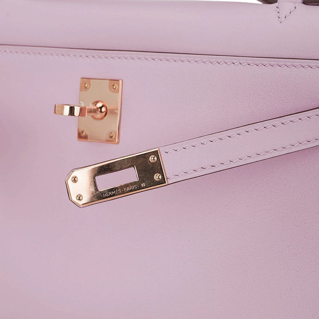 Kelly Pochette Clutch Bag Mauve Sylvestre Swift Leather with Rose Gold Hardware