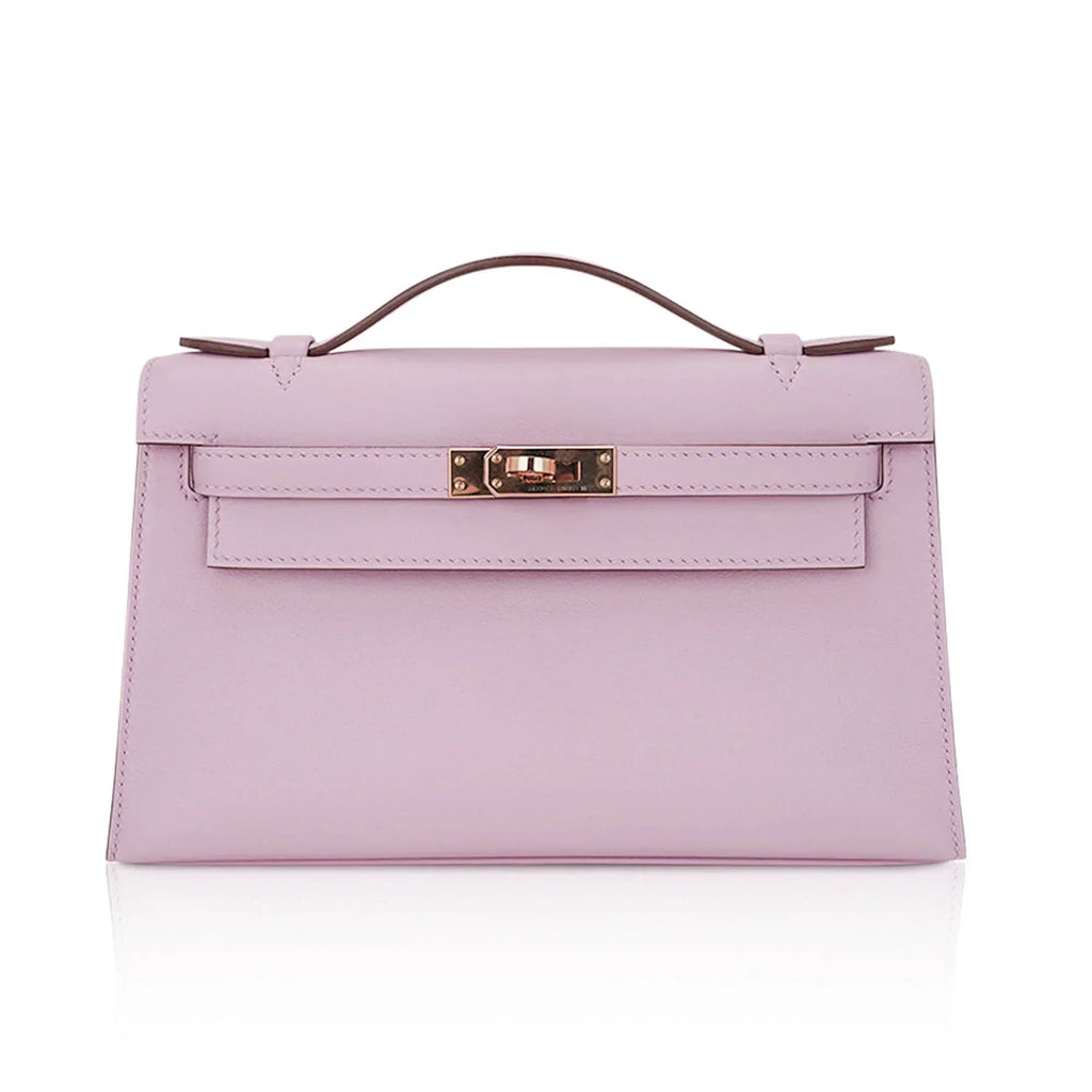 Kelly Pochette Clutch Bag Mauve Sylvestre Swift Leather with Rose Gold Hardware