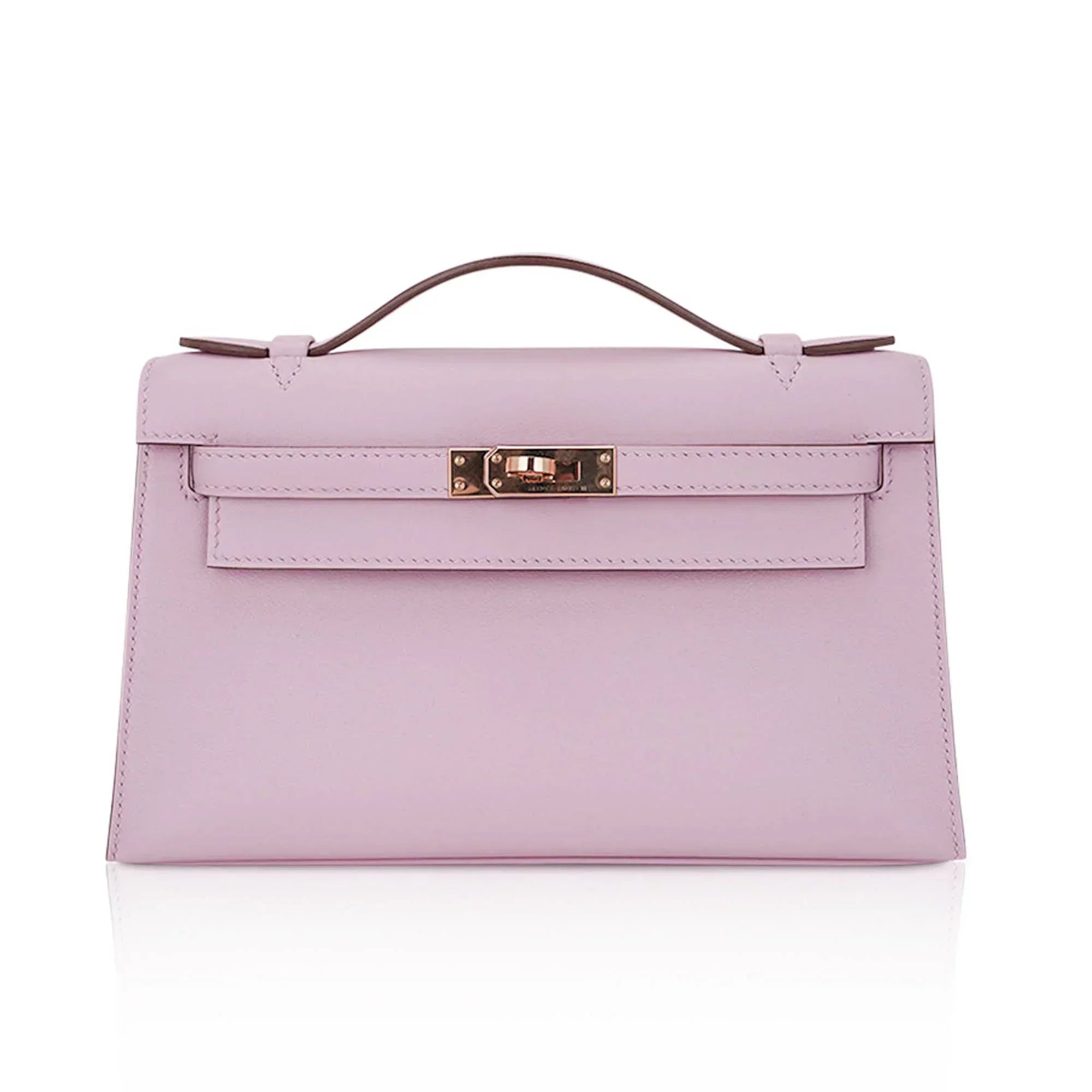 Kelly Pochette Clutch Bag Mauve Sylvestre Swift Leather with Rose Gold Hardware