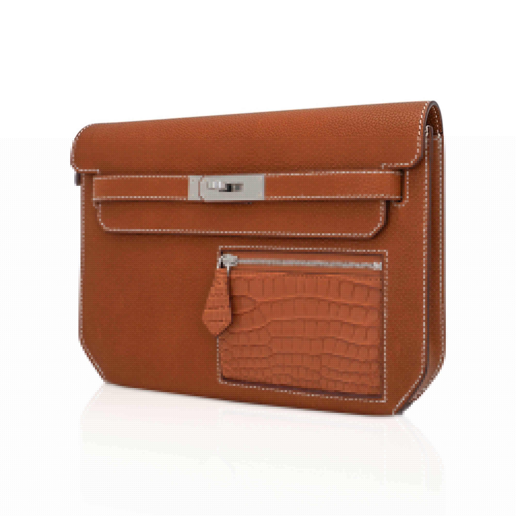 Kelly Depeches Touch Pouch 25 Bag Fauve Barenia Faubourg Leather and Gold Matte Alligator with Palladium Hardware