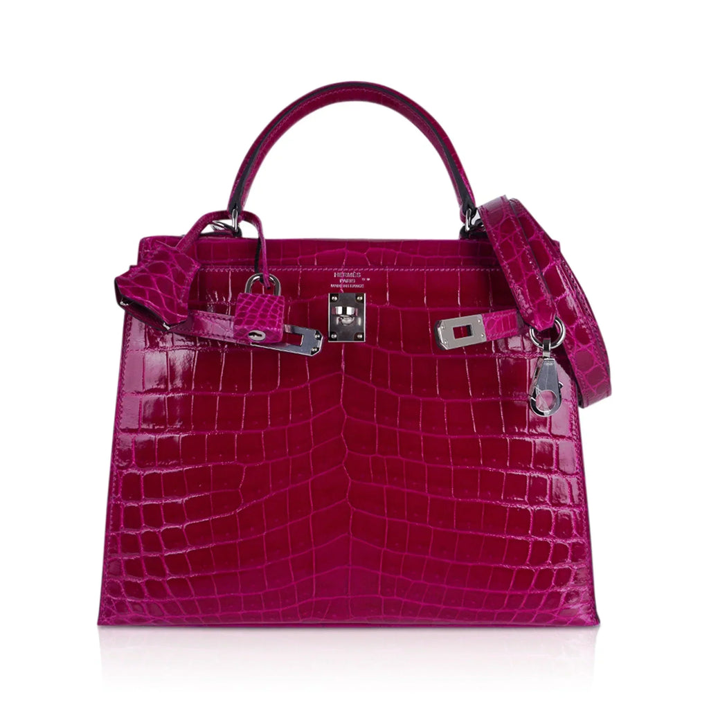 Kelly 25 Sellier Bag Rose Pourpre Crocodile with Palladium Hardware