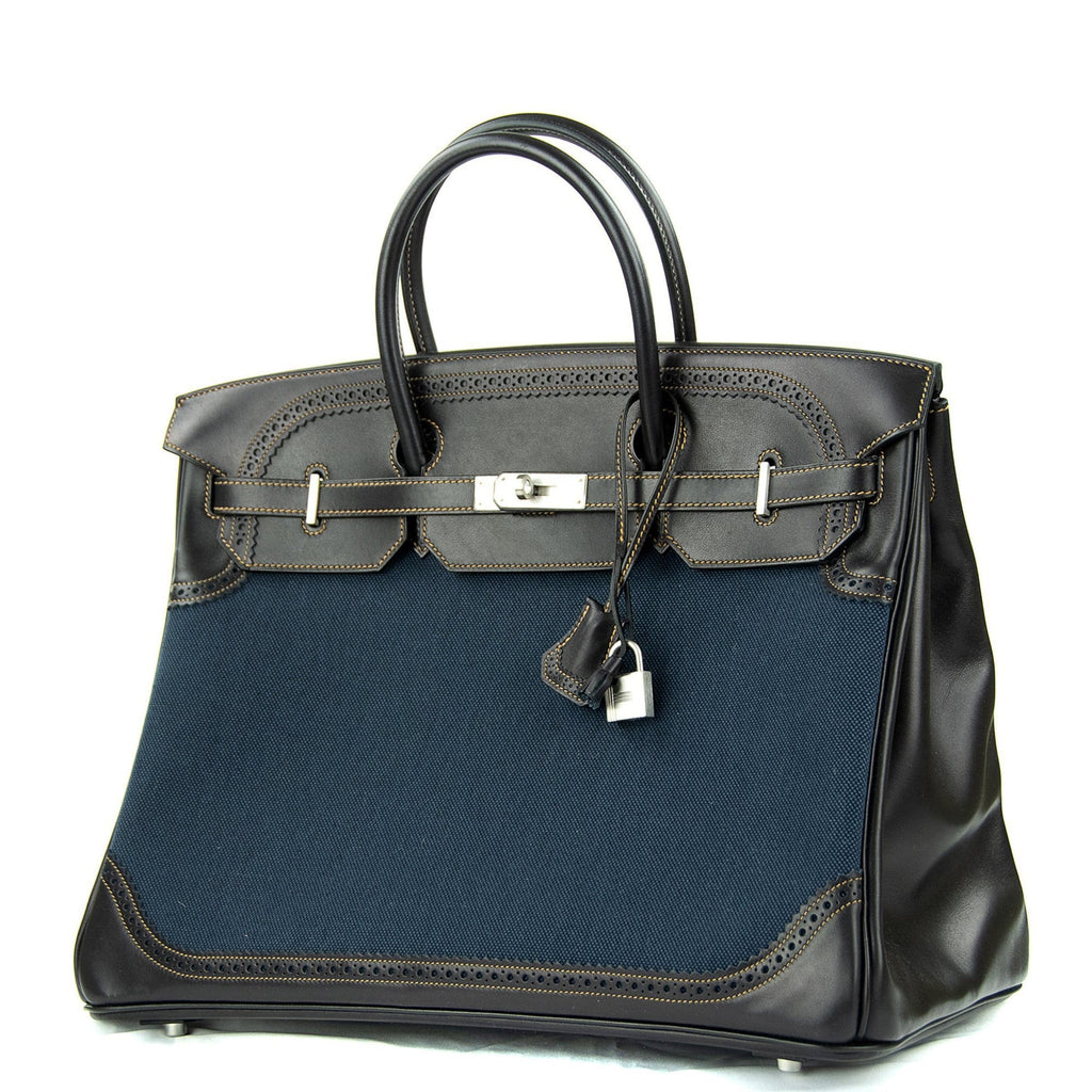 Birkin 40 Ghillies Denim Fonce Toile / Black Evercalf Bag Limited Edition
