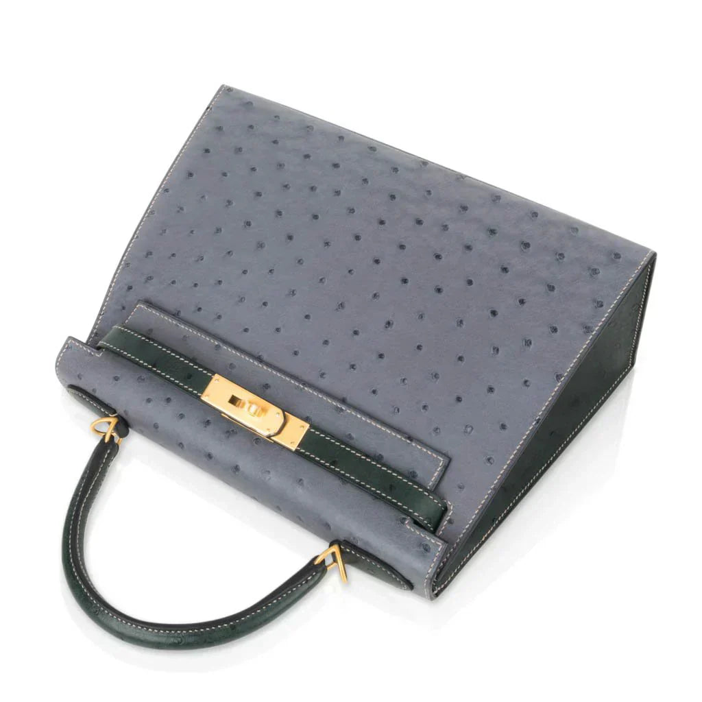 Kelly Sellier 28 HSS Bag Gris Agate / Vert Titien Ostrich Gold Hardware