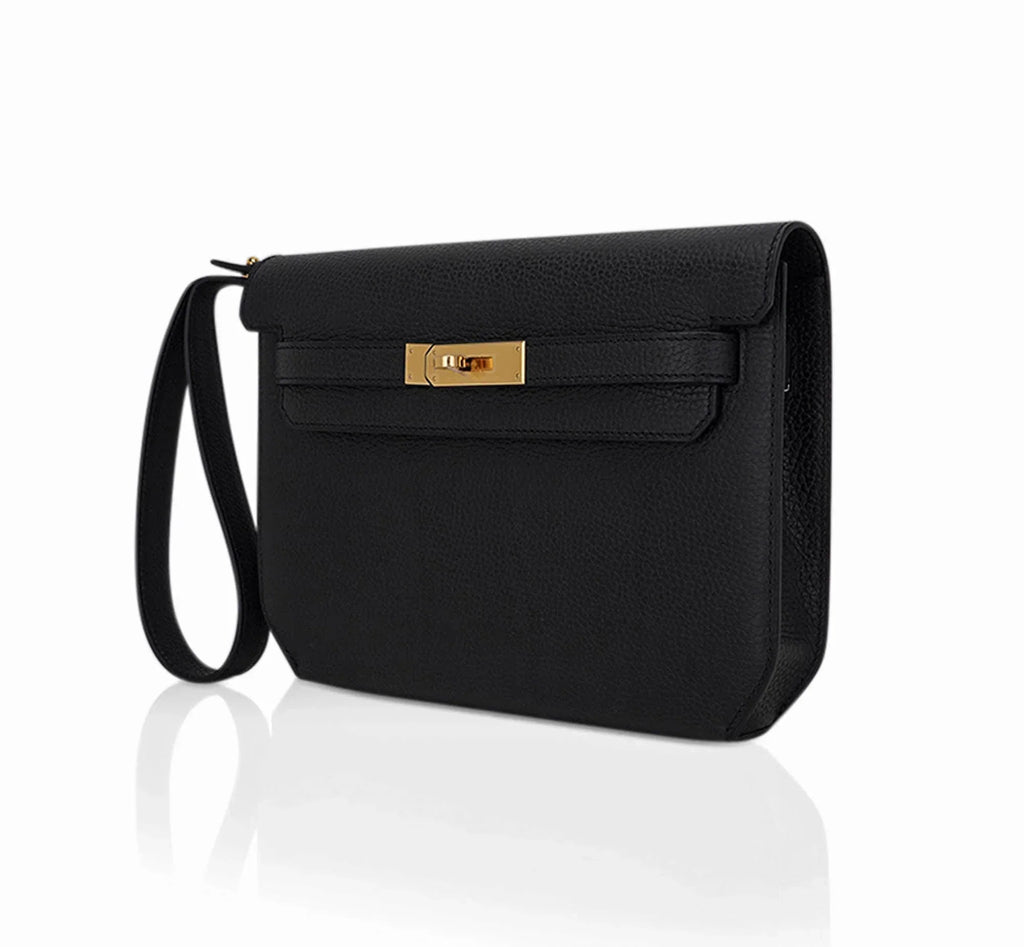 Kelly Depeches 25 Pouch Black Galop D’Leather with Gold Hardware