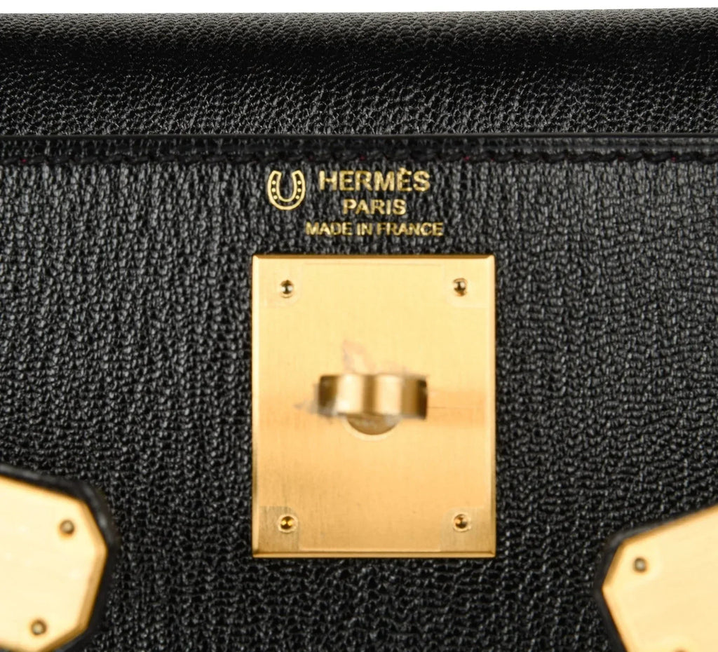 Kelly HSS 28 Bag Sellier Black Chevre Vermillion Interior Brushed Gold