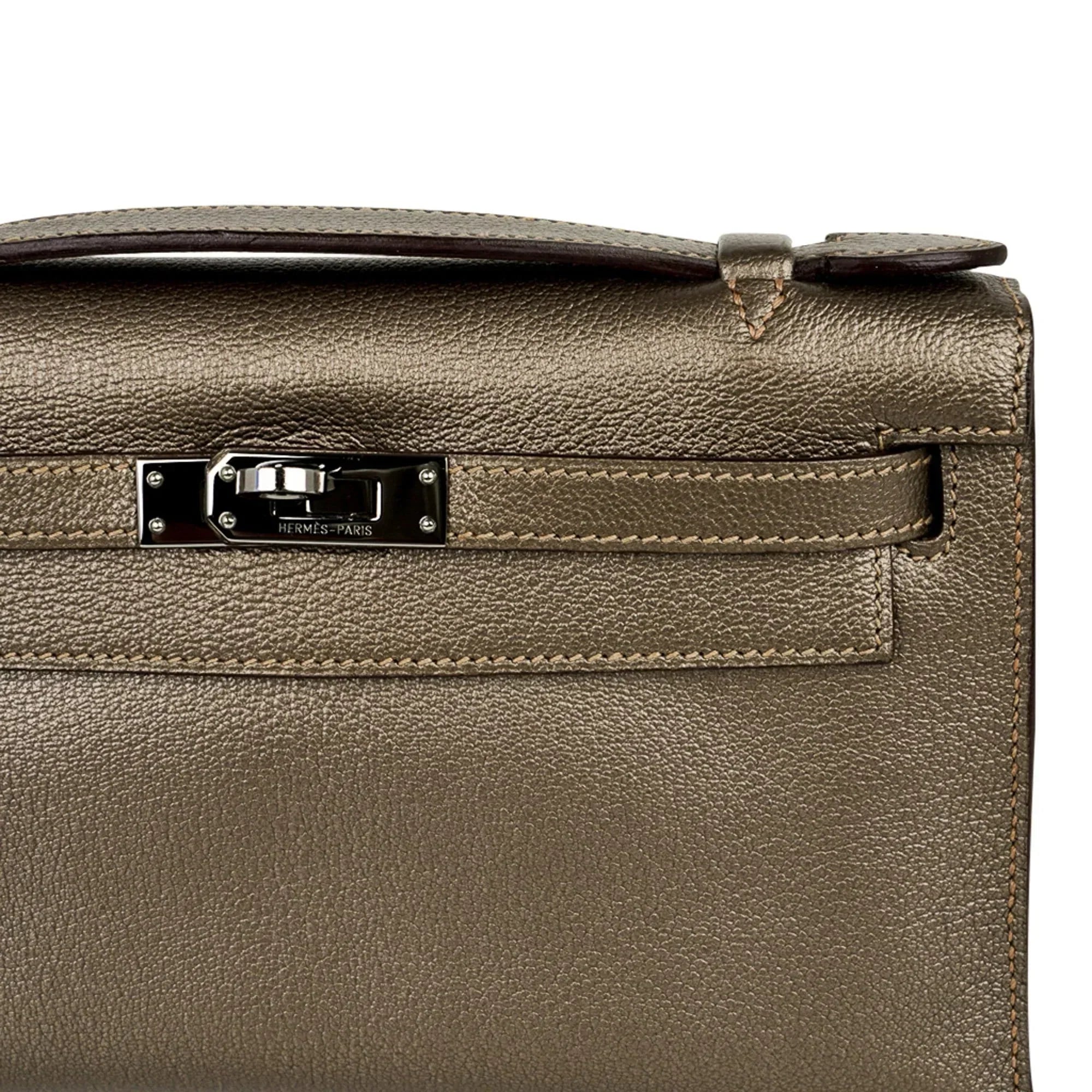Kelly Pochette Metallic Bronze Clutch Bag Chevre Palladium
