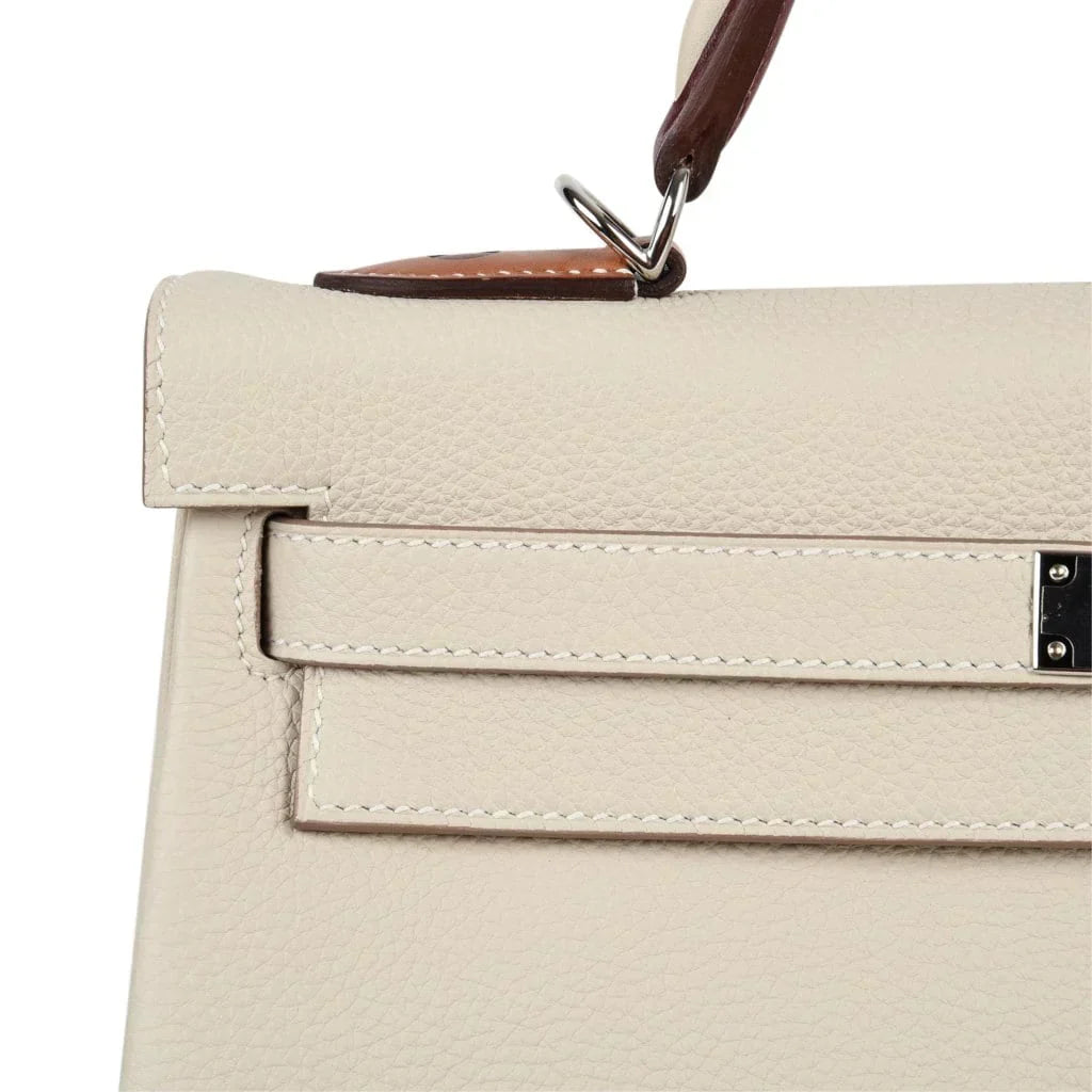 Limited Edition Kelly 32 Retourne Bag Au Galop Craie Togo Leather with Palladium Hardware