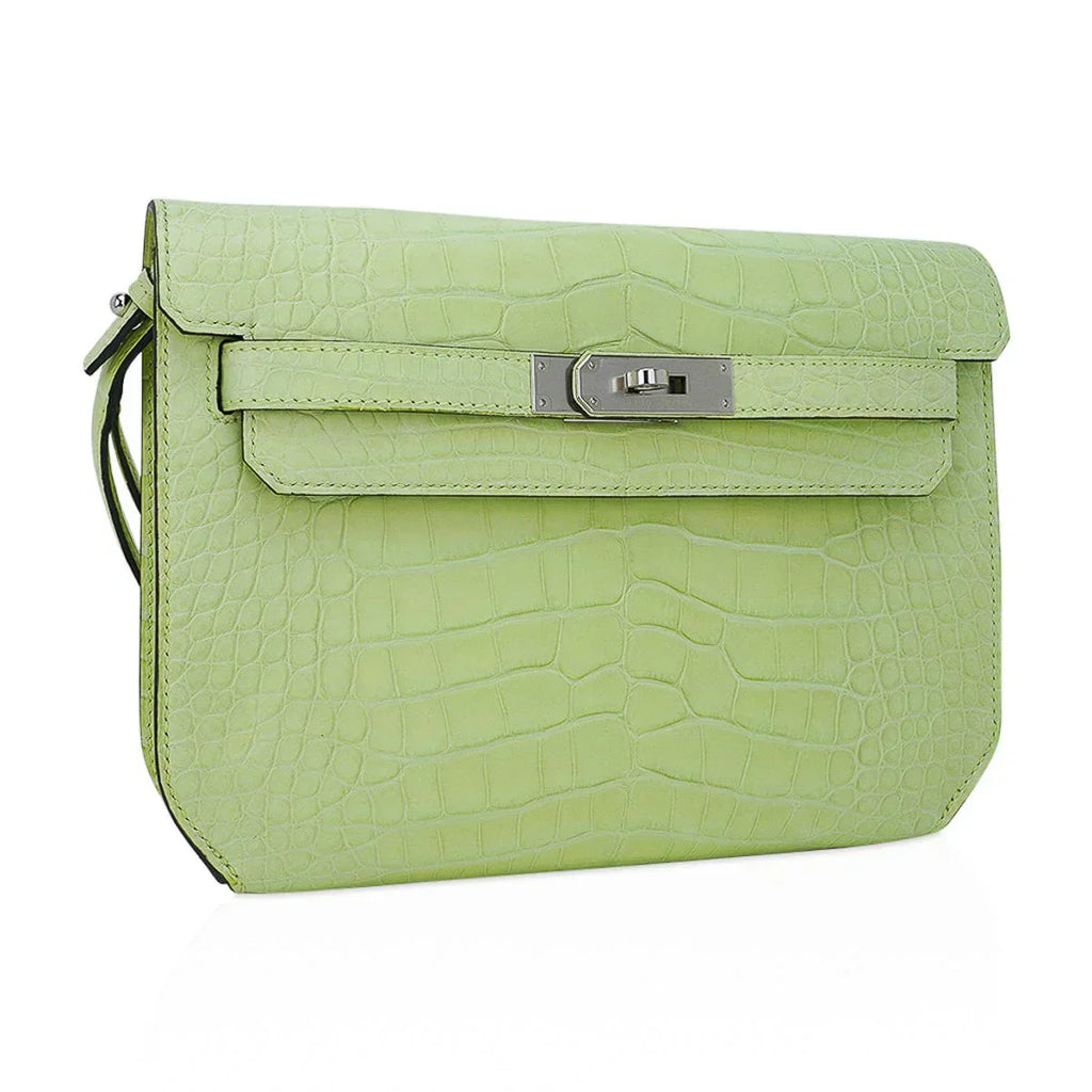 Kelly Depeches 25 Pouch Jaune Bourgeon Matte Alligator Palladium Hardware