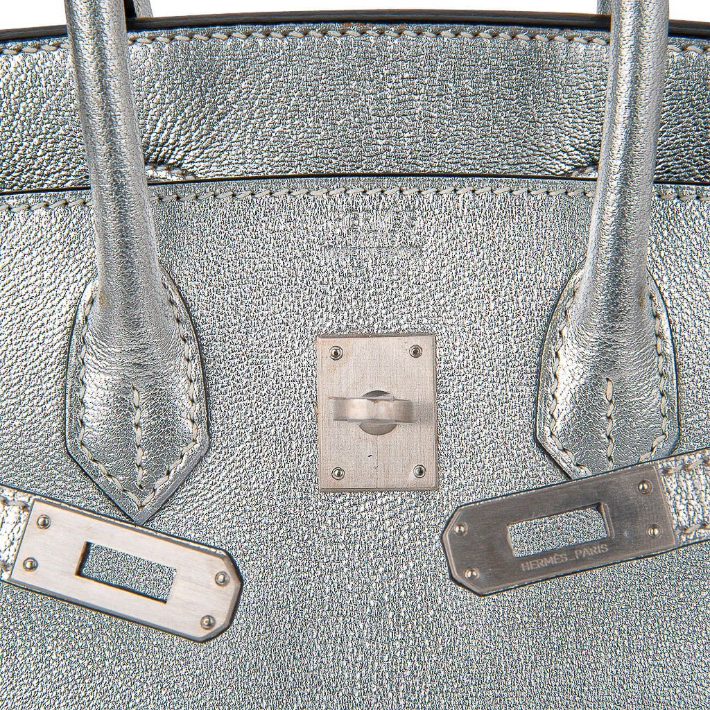 Birkin 25 Bag Metallic Silver Chevre with Brushed Palladium Hardware