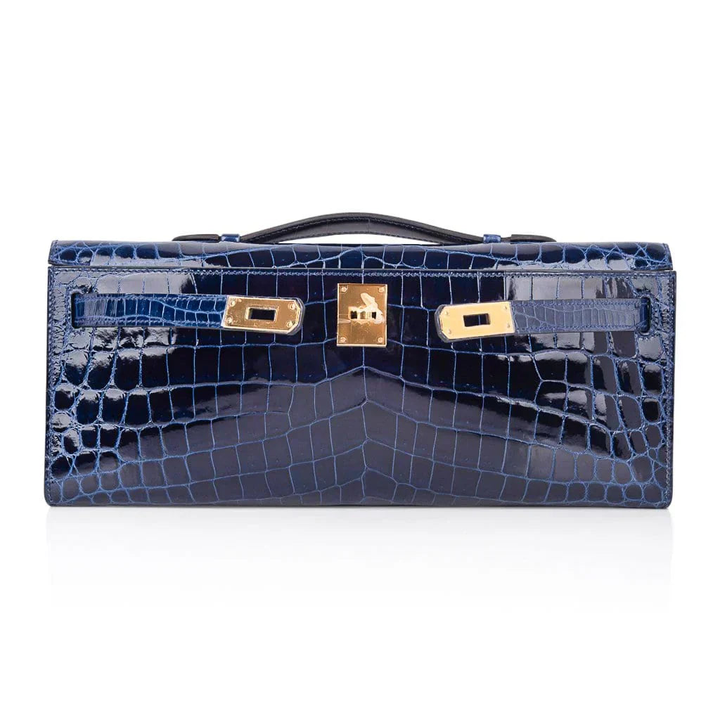 Kelly Cut Blue Sapphire Crocodile Clutch Bag Gold Hardware