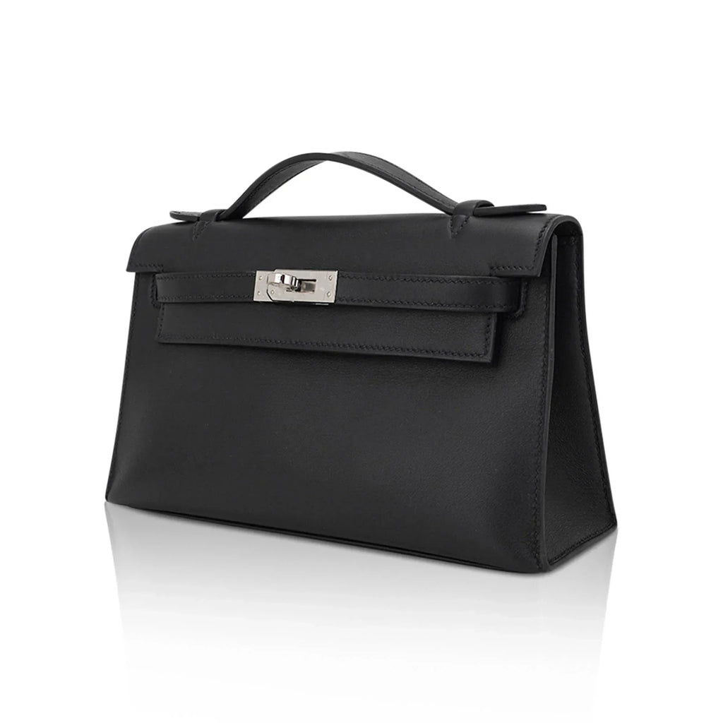 Kelly Pochette Clutch Bag Black Swift Leather with Palladium Hardware
