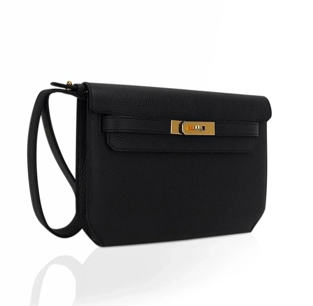 Kelly Depeches 25 Pouch Black Galop D’Leather with Gold Hardware