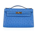 Kelly Pochette Bag Bleuet Ostrich Clutch Gold Hardware
