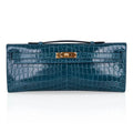 Kelly Cut Bag Blue Colvert Crocodile with Gold Hardware