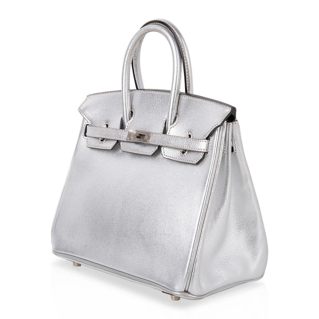 Birkin 25 Bag Metallic Silver Chevre with Brushed Palladium Hardware