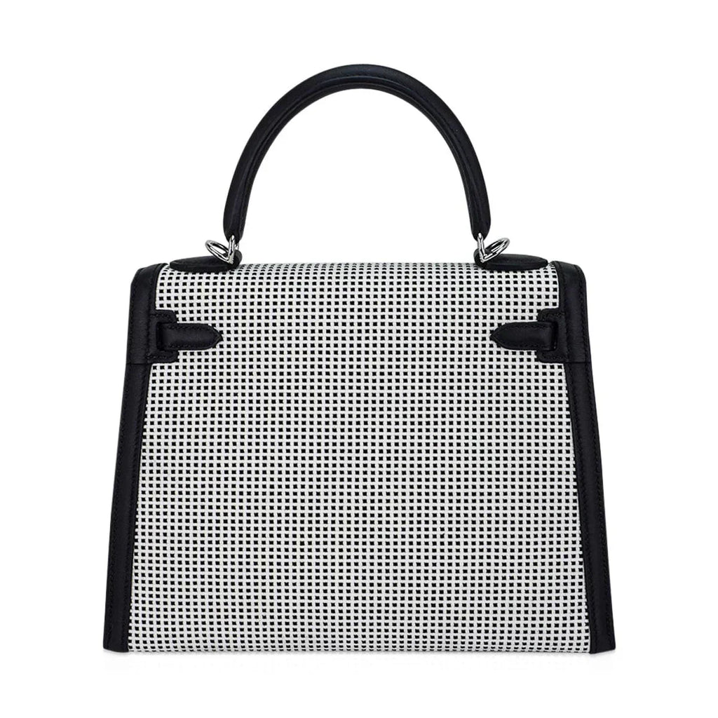 Kelly 25 Sellier Bag Quadrille Black & White Viking Toile Swift Leather with Palladium Hardware
