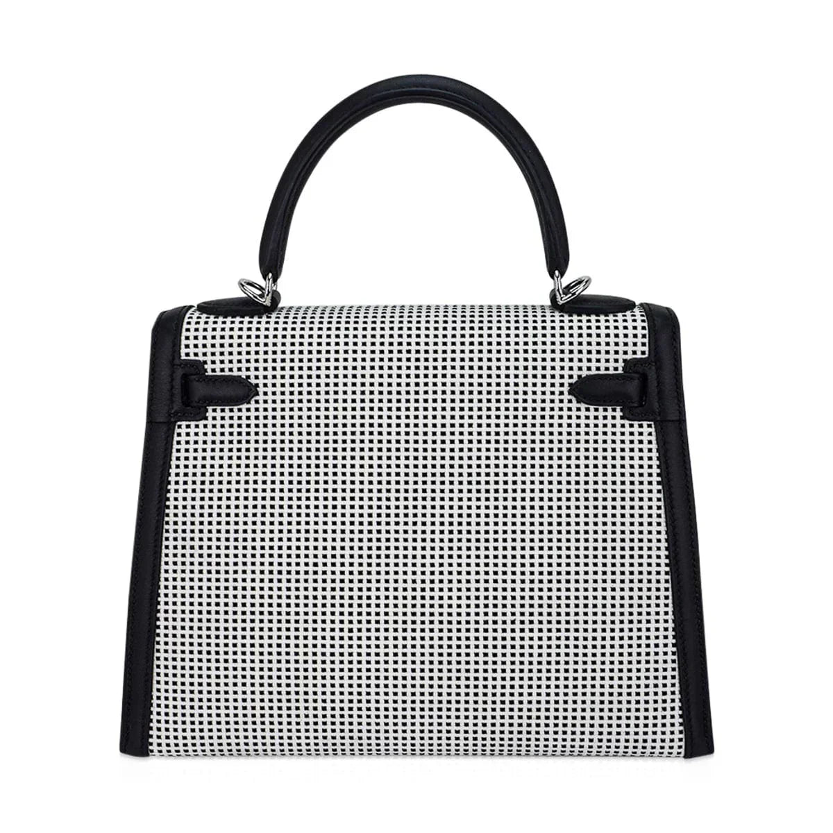 Kelly 25 Sellier Bag Quadrille Black & White Viking Toile Swift Leather with Palladium Hardware