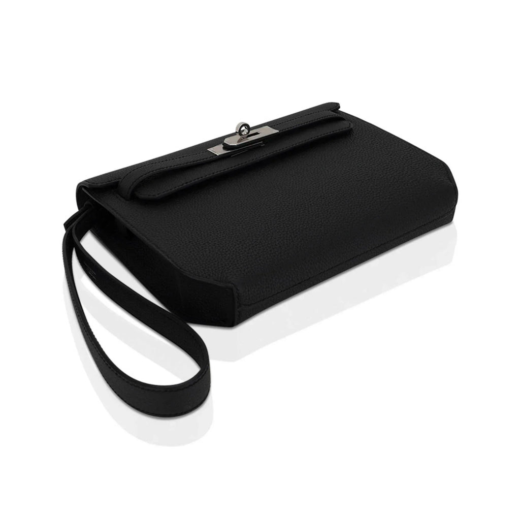 Kelly Depeches 25 Pouch Bag Black Galop D’Leather with Palladium Hardware
