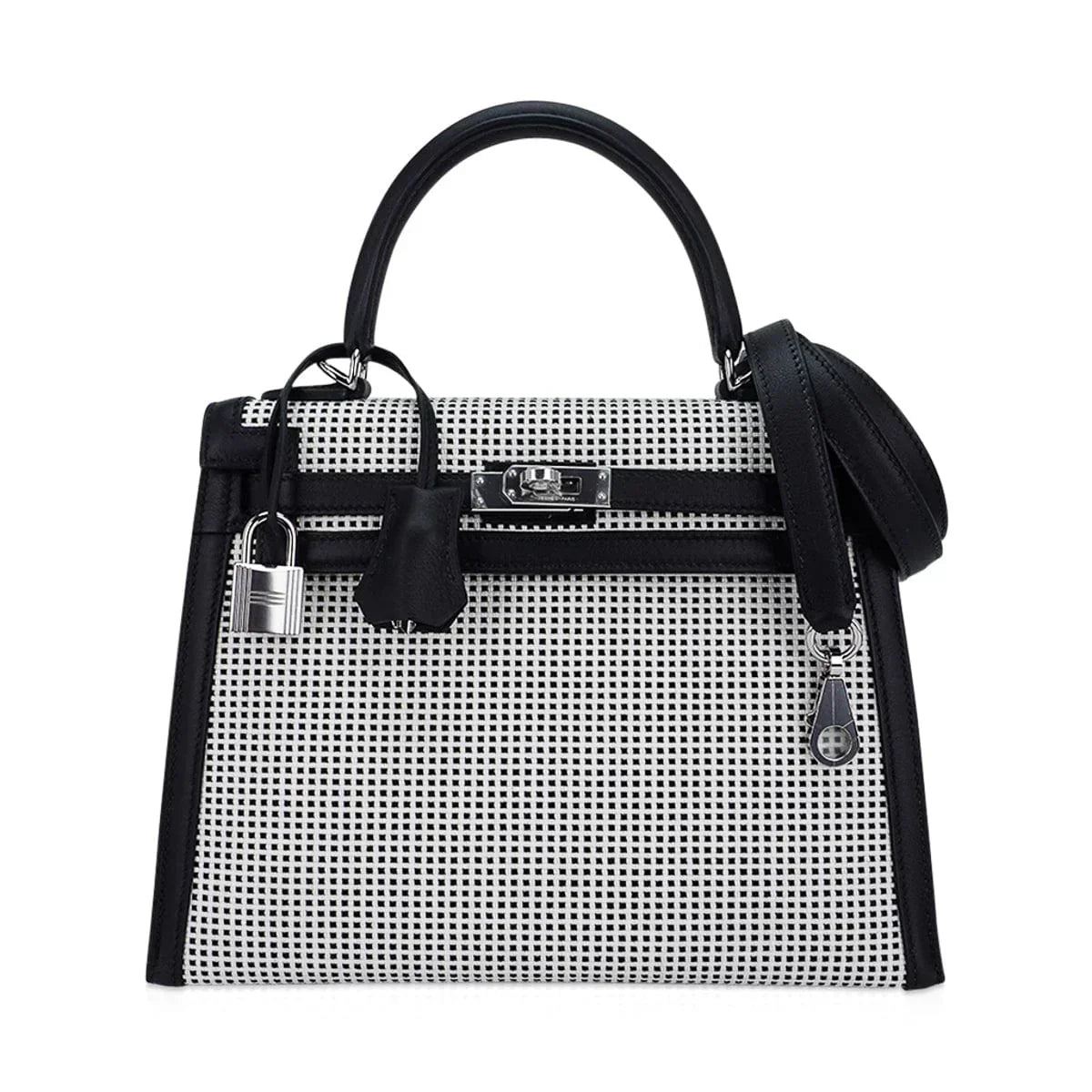 Kelly 25 Sellier Bag Quadrille Black & White Viking Toile Swift Leather with Palladium Hardware