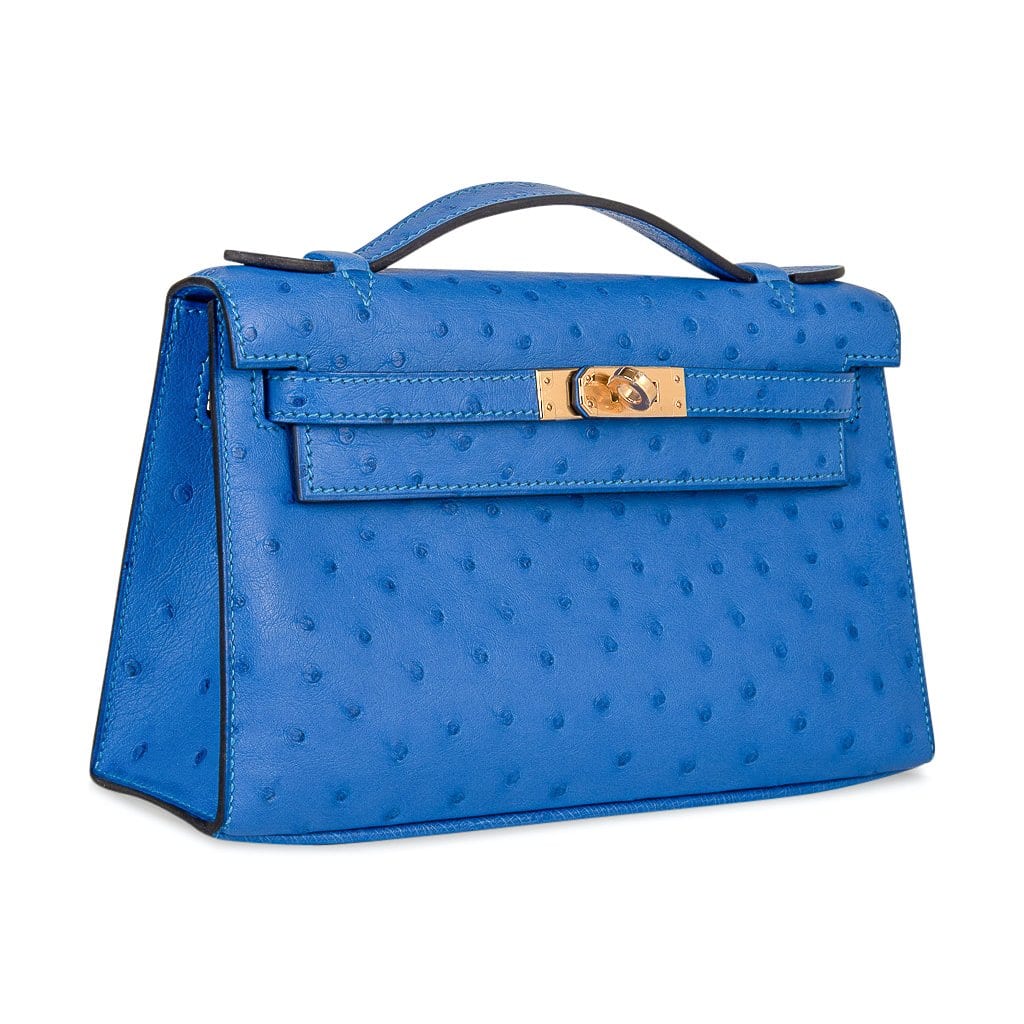 Kelly Pochette Bag Bleuet Ostrich Clutch Gold Hardware