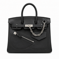 Birkin 25 Rock Black Leather Multi-Pocket Handbag with Chain