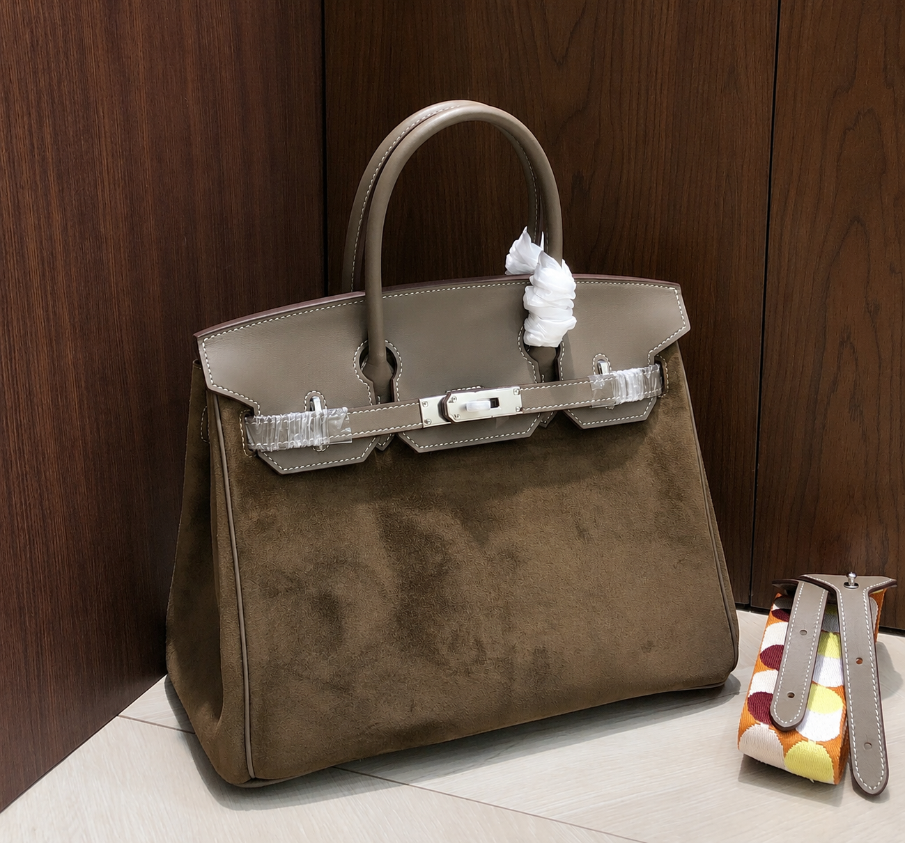 Birkin 30 Etoupe Swift Leather and Suede Splicing Bag