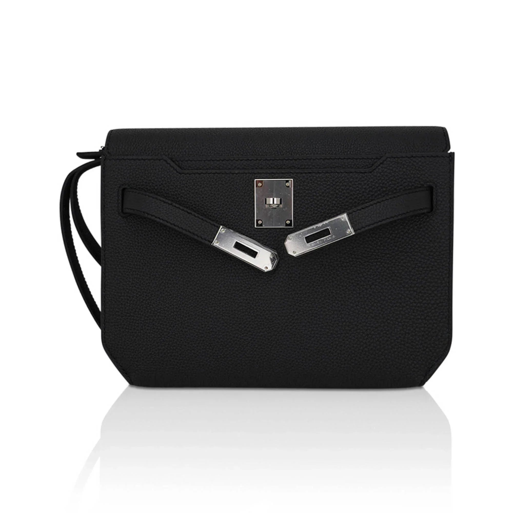Kelly Depeches 25 Pouch Bag Black Galop D’Leather with Palladium Hardware