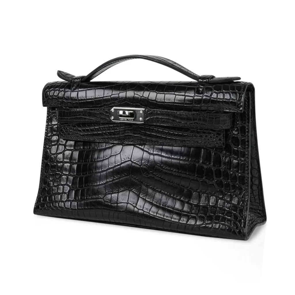 Kelly Pochette Bag Matte Black Crocodile Clutch Palladium
