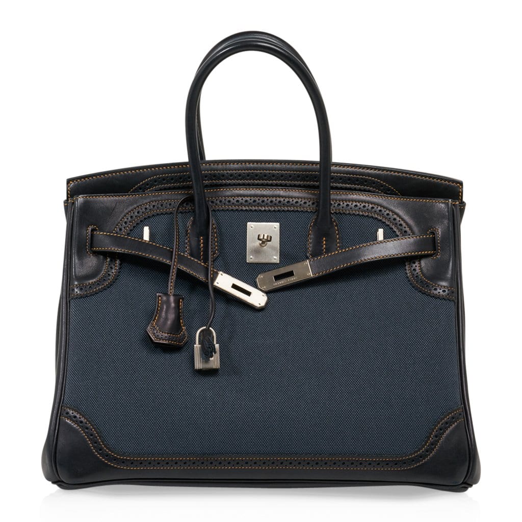 Birkin 35 Ghillies Denim Fonce Toile / Black Evercalf Bag Limited Edition