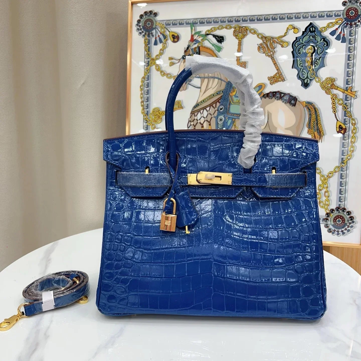 Birkin Blue Croc Embossement Leather Handbags Metal Lock Satchel Bag