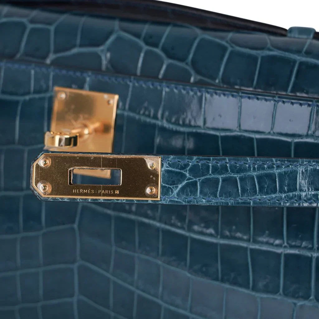 Kelly Cut Bag Blue Colvert Crocodile with Gold Hardware