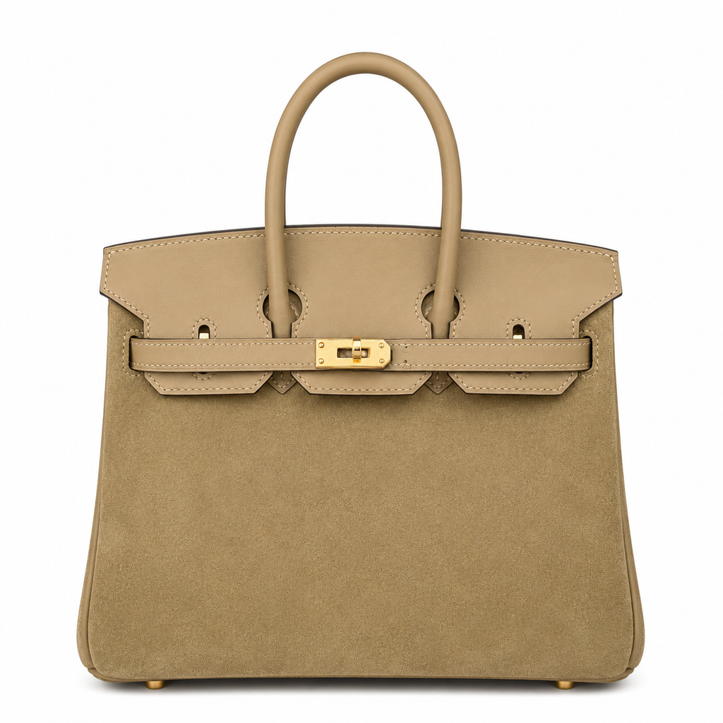 Elegant Neutral Birkin 25cm Grizzly Beige Suede Luxury Top-Handle Tote