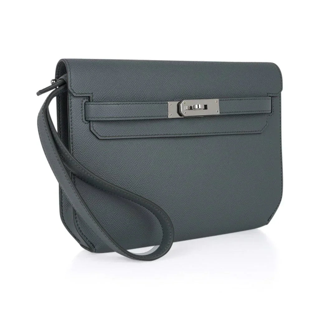 Kelly Depeches 25 Pouch Vert Amande Epsom Palladium Hardware New