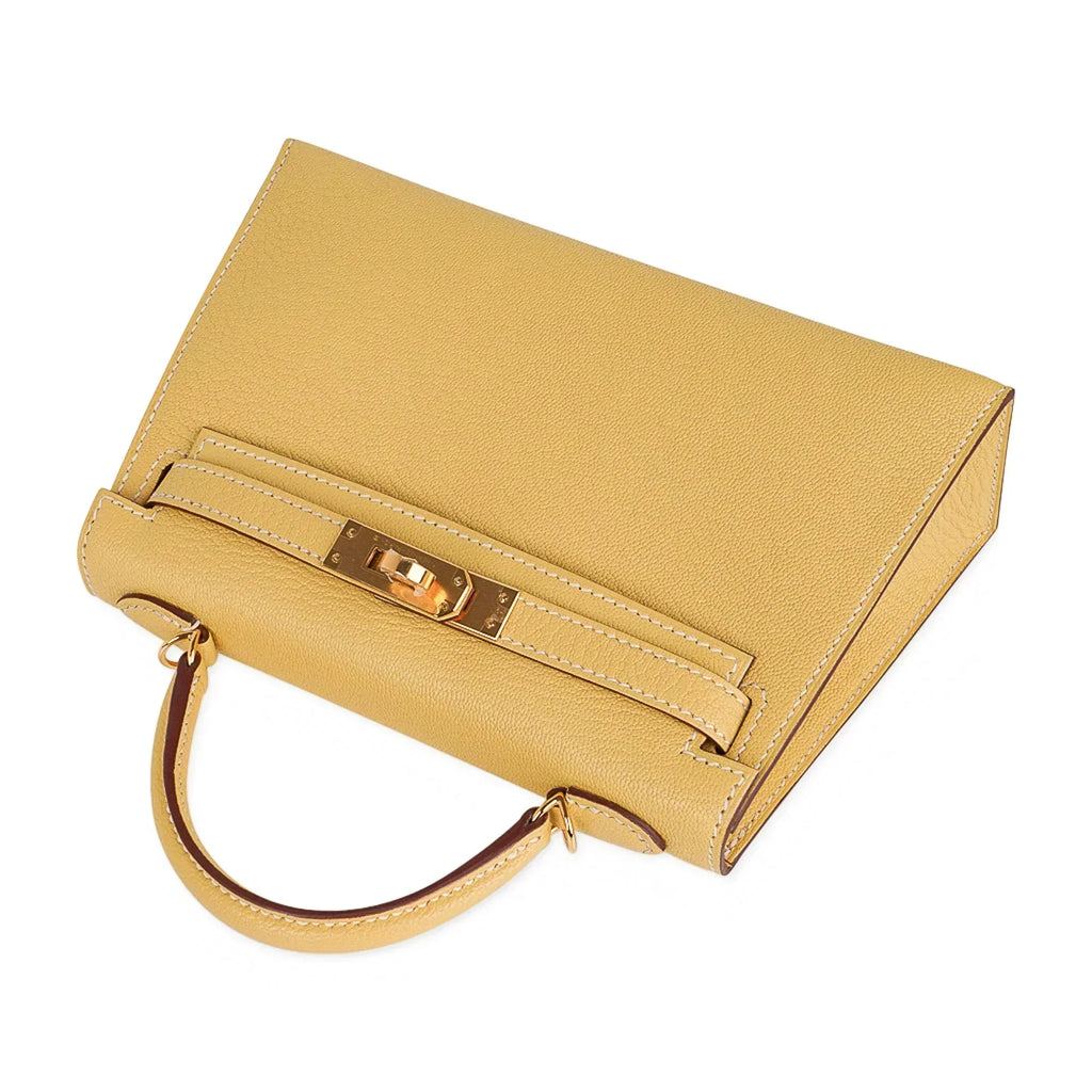 Mini Kelly 20 Sellier Jaune Foin Bag Chevre Gold