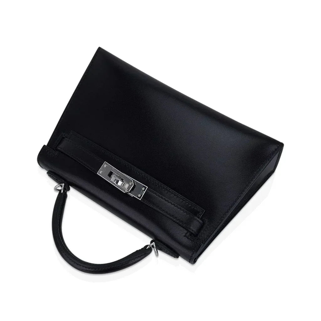 Kelly 20 Sellier Black Box Leather Mini Bag Palladium Hardware