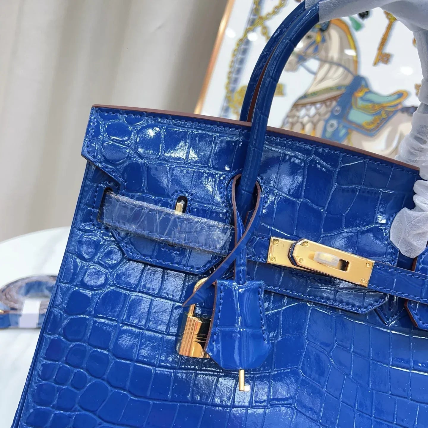 Birkin Blue Croc Embossement Leather Handbags Metal Lock Satchel Bag